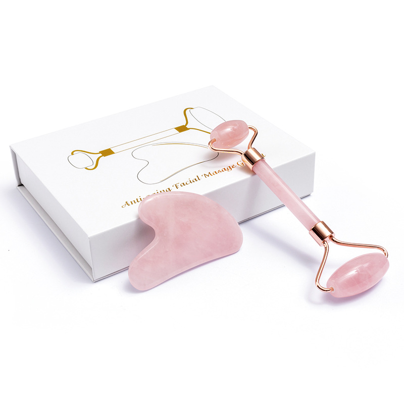 Gua Sha Tool Rose Quartz - 天然ヒスイローラー瓜沙スクレーパーセット美顔器ローラーヒスイ石guashaフェイスリフトスキンケアマッサージツール