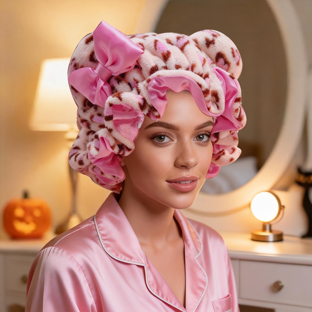 Hair Spa Wellness - レオパード柄シャワーキャップ サテン裏地付き ふわふわヘアボウデザイン 再利用可能バススリープキャップ ソフトプラッシュヘアボンネット ナイトスリープシャワー
