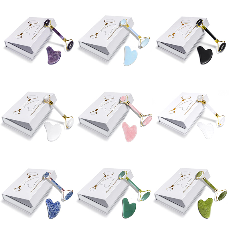 Gua Sha Tool Rose Quartz - ローズクォーツ天然翡翠ローラーマッサージャーグアシャセット黒曜石アメジストグアッシュスクレーパーフェイシャルリフティングマッサージツールギフトボックス付き