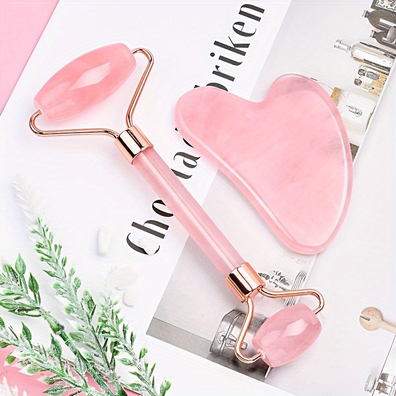 Gua Sha Tool Rose Quartz - 新しい2個入りかっさ石フェイシャルストーン、フェイシャルマッサージローラー、スキンケアツール、顔用かっさ石ローラー、かっさスクレーパー